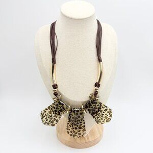 C1946 Leopard Statement Necklace Brown Cord Gold Tone Acrylic Bib Necklace